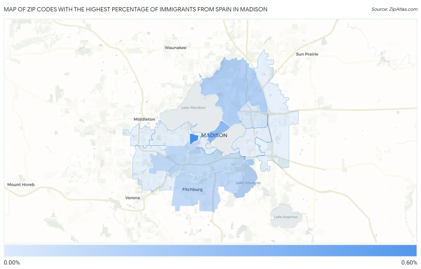 Zip Codes with the Highest Percentage of Immigrants from Spain in Madison Map