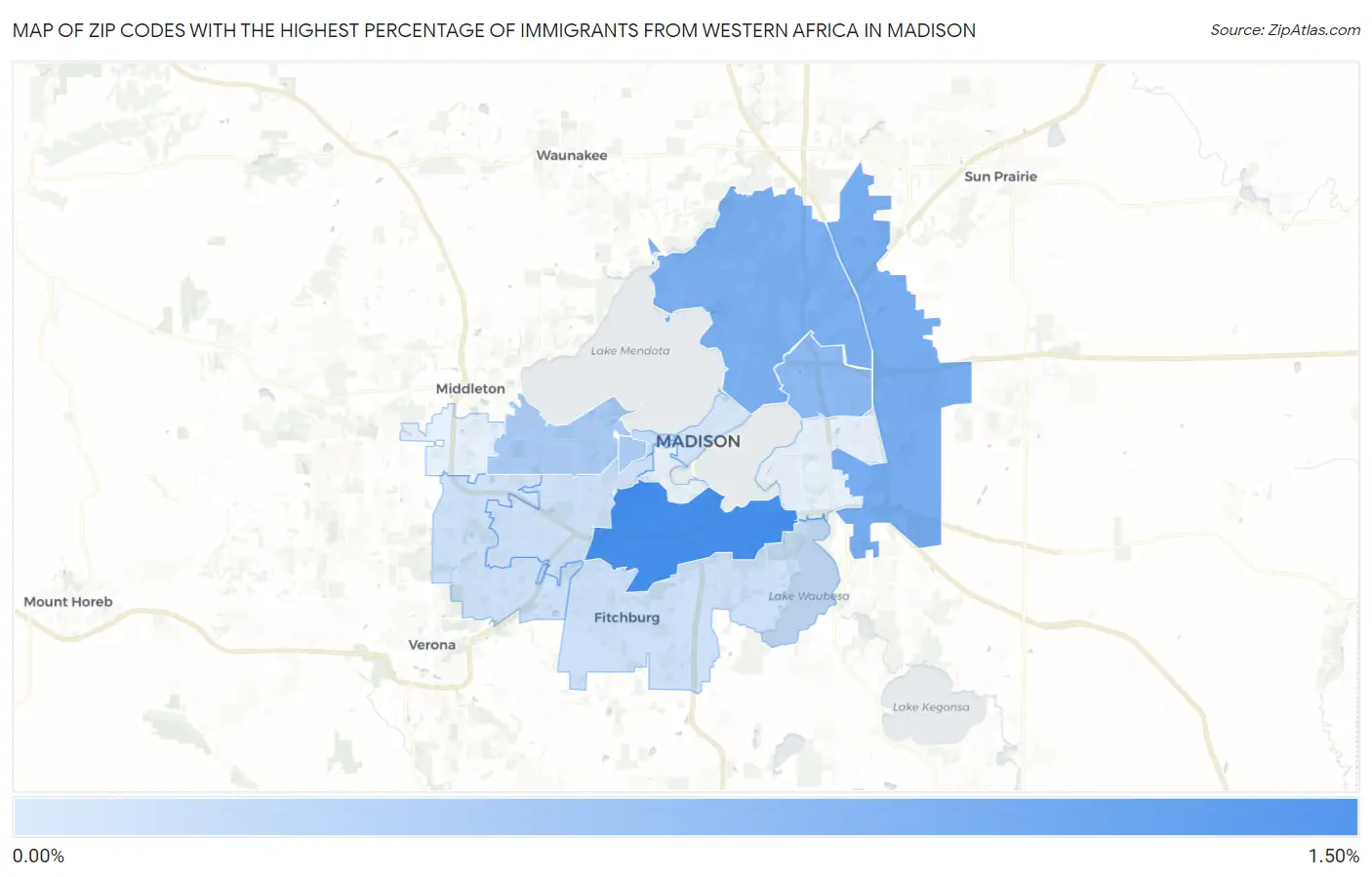 Zip Codes with the Highest Percentage of Immigrants from Western Africa in Madison Map