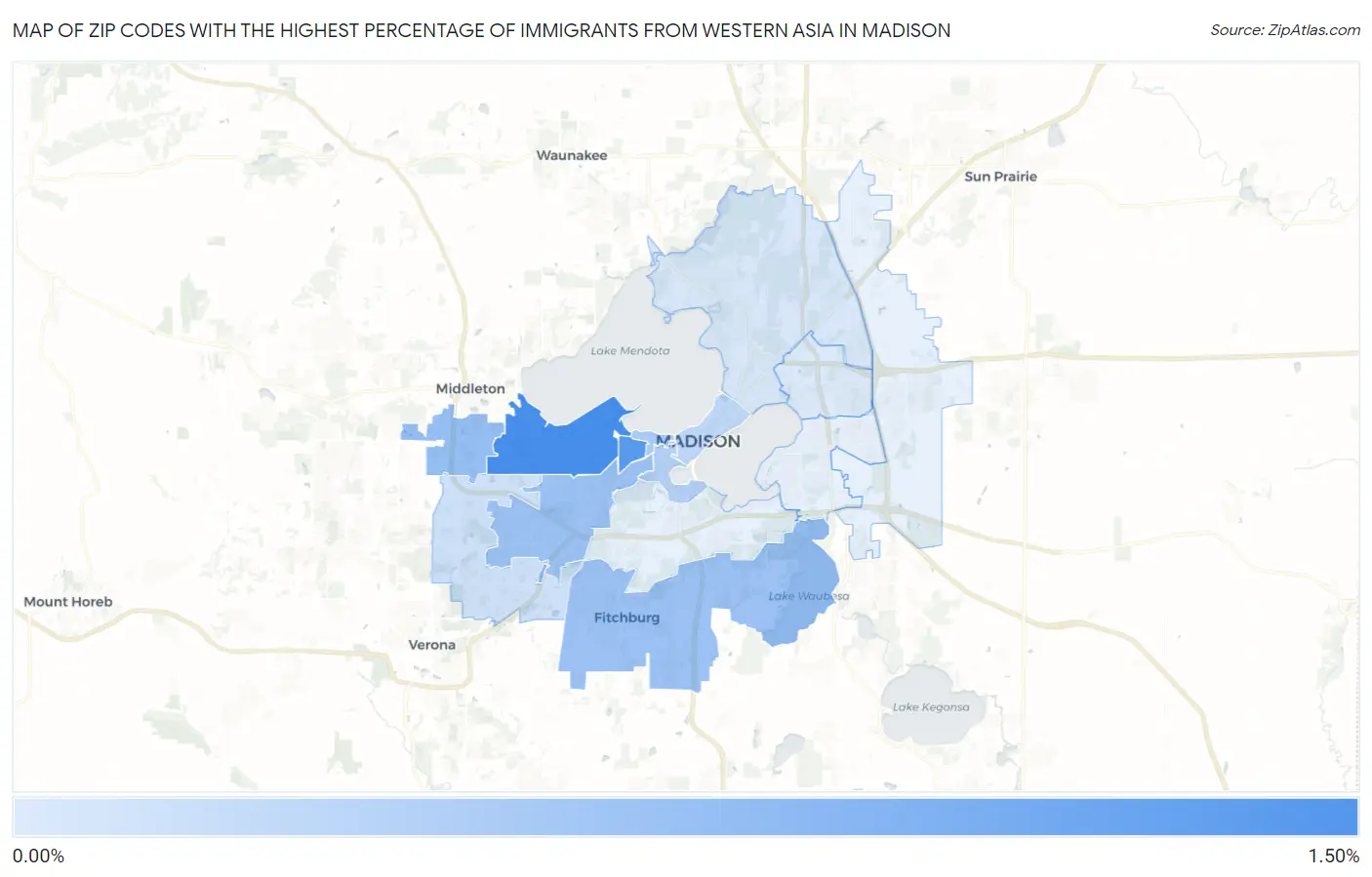 Zip Codes with the Highest Percentage of Immigrants from Western Asia in Madison Map