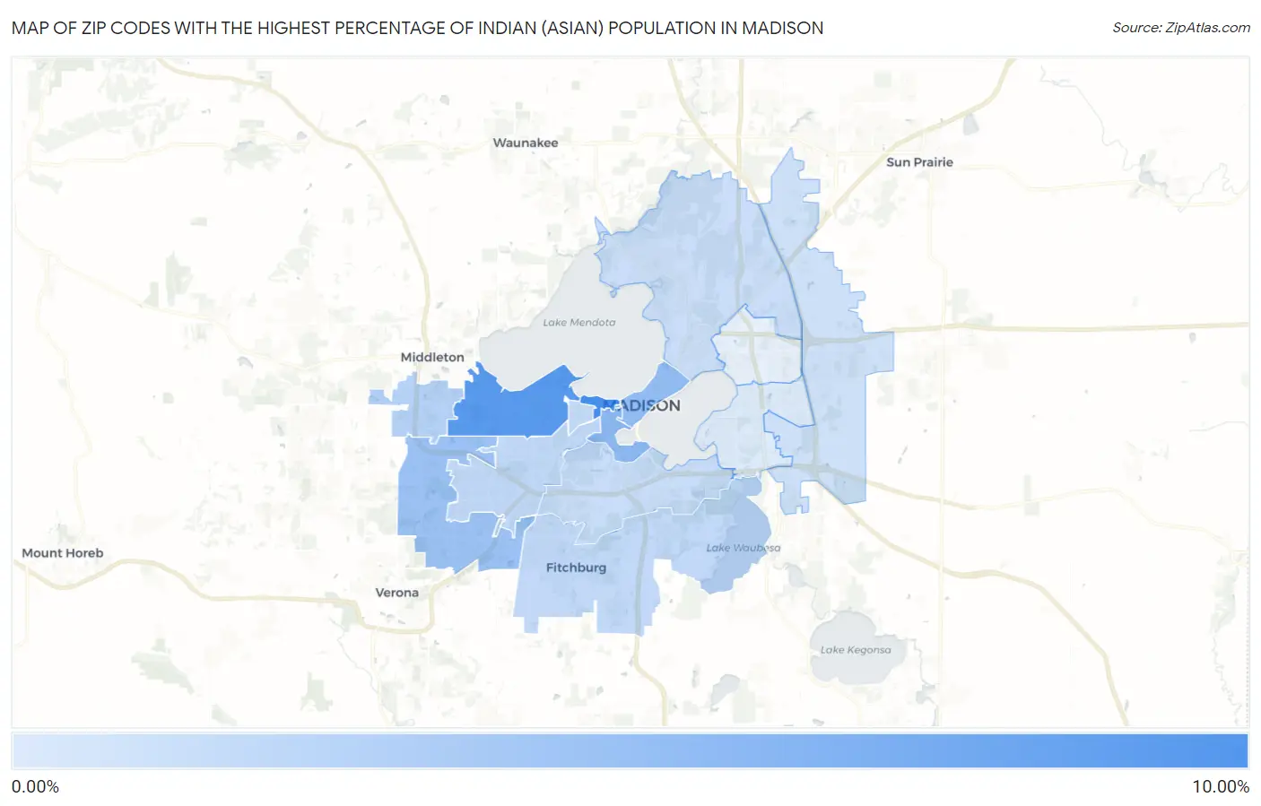 Zip Codes with the Highest Percentage of Indian (Asian) Population in Madison Map