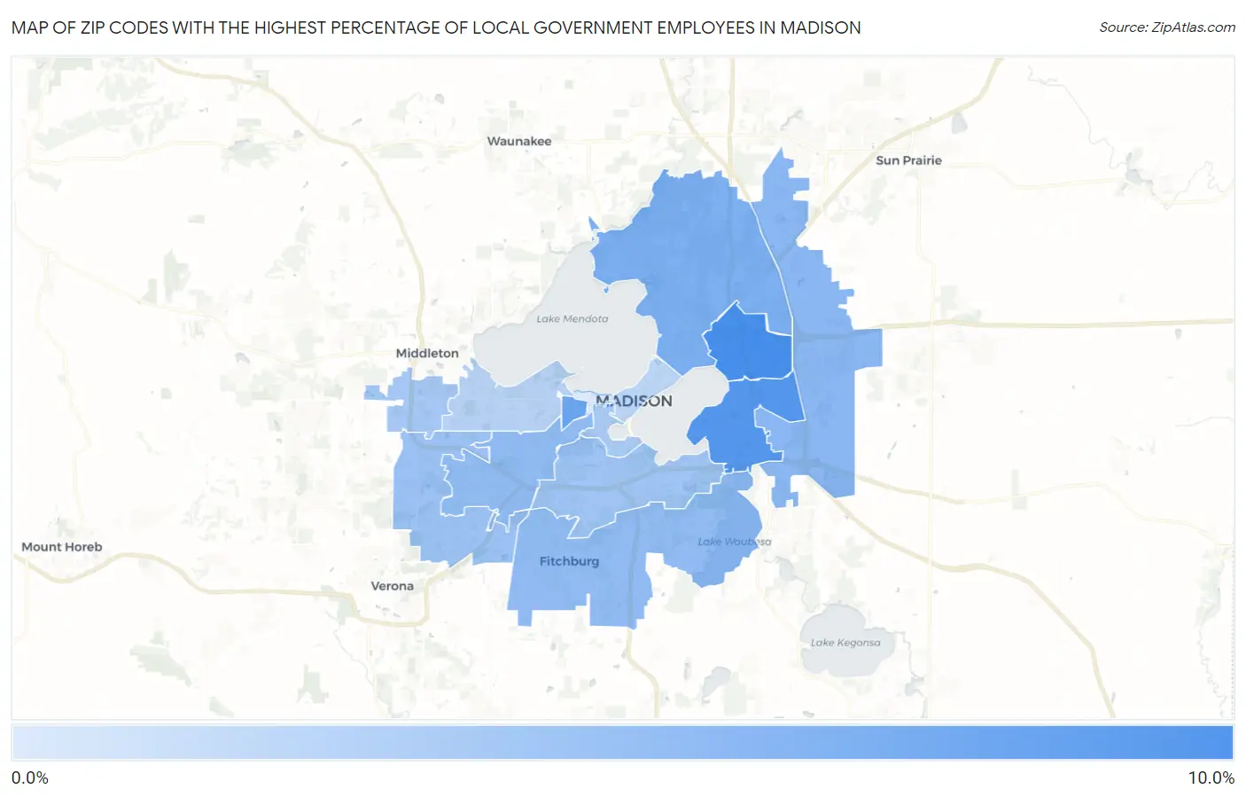 Zip Codes with the Highest Percentage of Local Government Employees in Madison Map