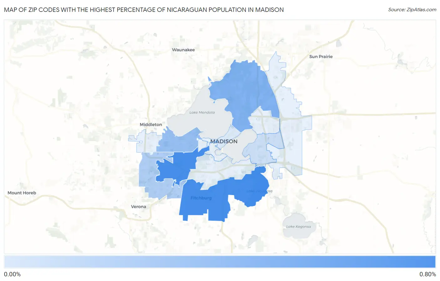 Zip Codes with the Highest Percentage of Nicaraguan Population in Madison Map