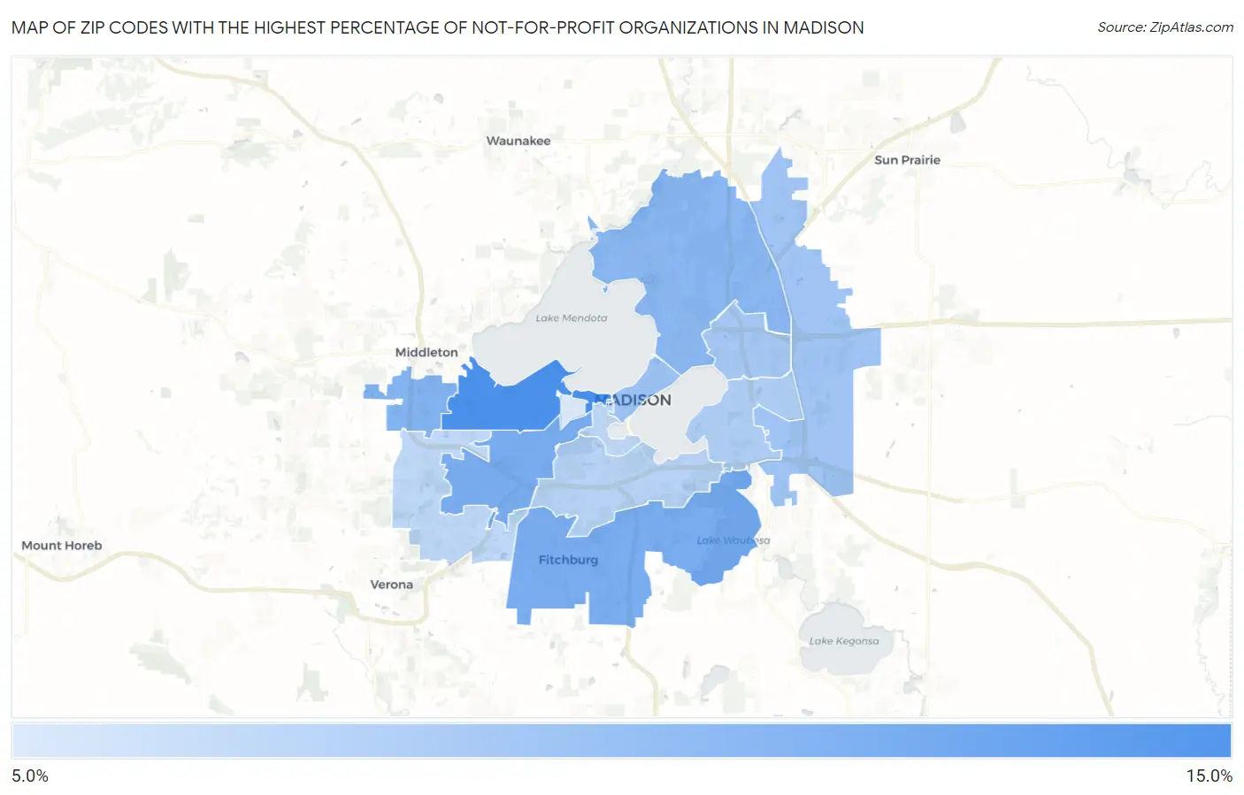 Zip Codes with the Highest Percentage of Not-for-profit Organizations in Madison Map