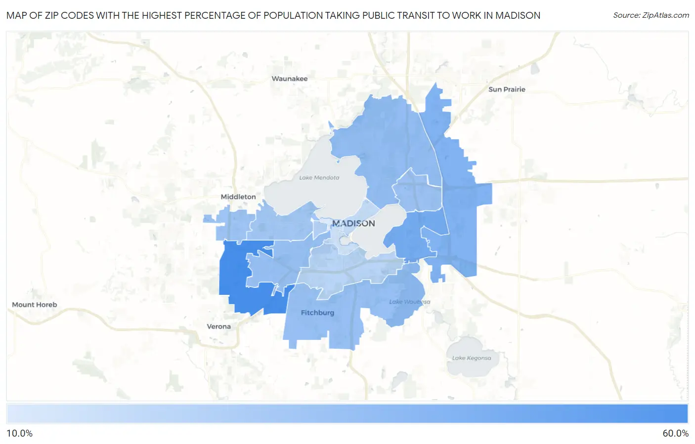 Zip Codes with the Highest Percentage of Population Taking Public Transit to Work in Madison Map