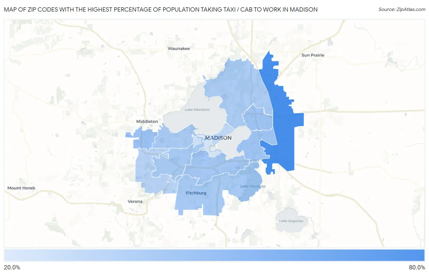 Zip Codes with the Highest Percentage of Population Taking Taxi / Cab to Work in Madison Map