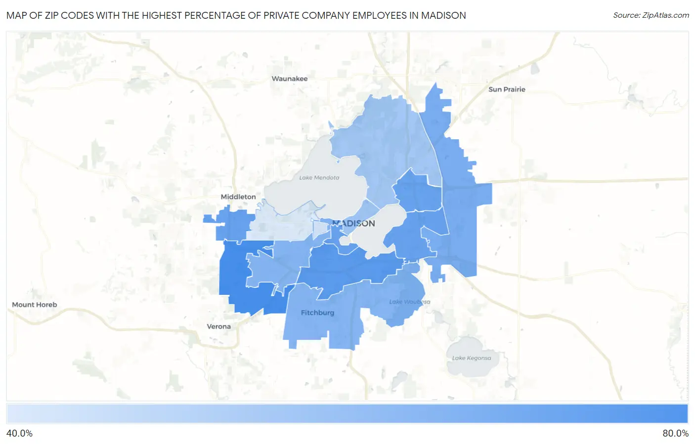 Zip Codes with the Highest Percentage of Private Company Employees in Madison Map