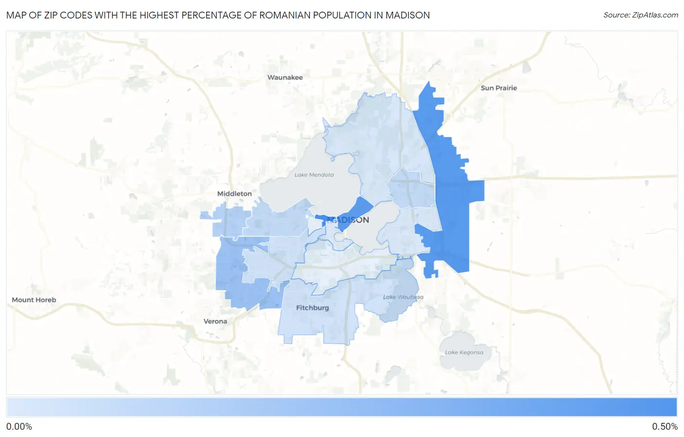 Zip Codes with the Highest Percentage of Romanian Population in Madison Map