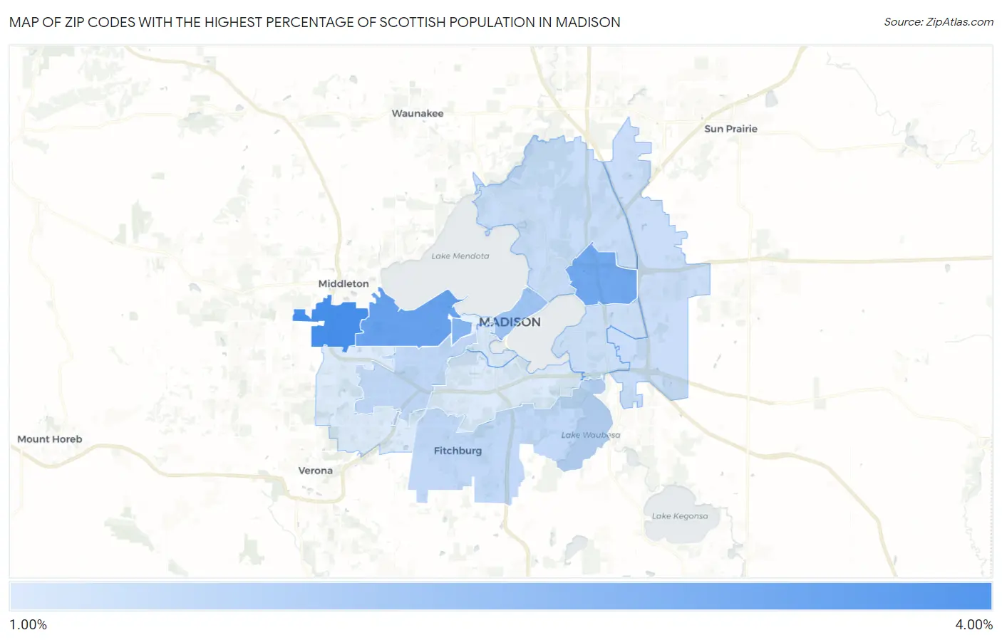 Zip Codes with the Highest Percentage of Scottish Population in Madison Map