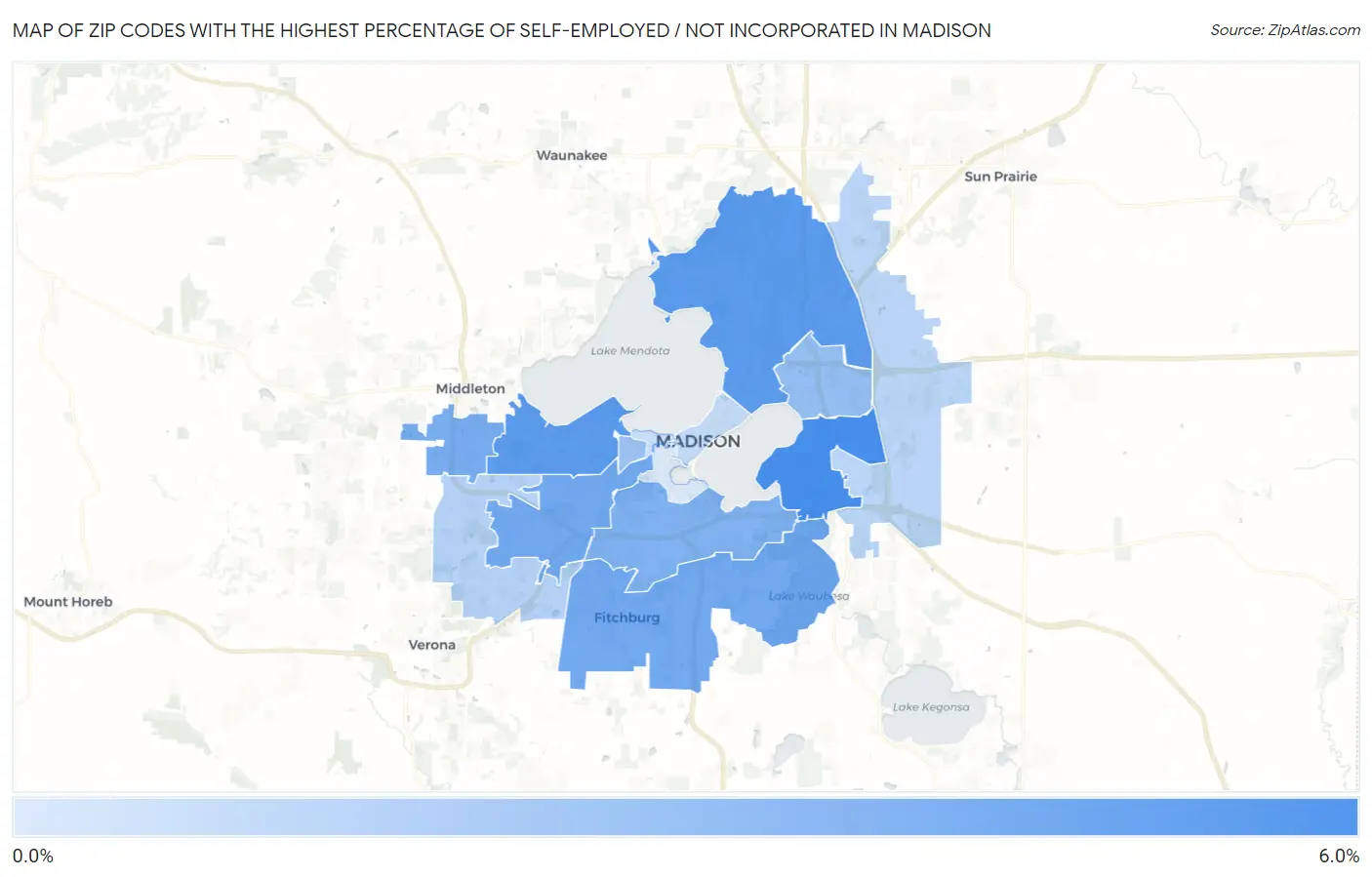 Zip Codes with the Highest Percentage of Self-Employed / Not Incorporated in Madison Map
