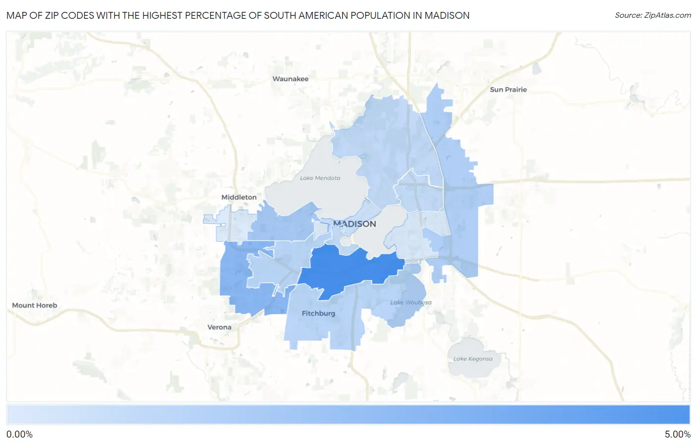 Zip Codes with the Highest Percentage of South American Population in Madison Map