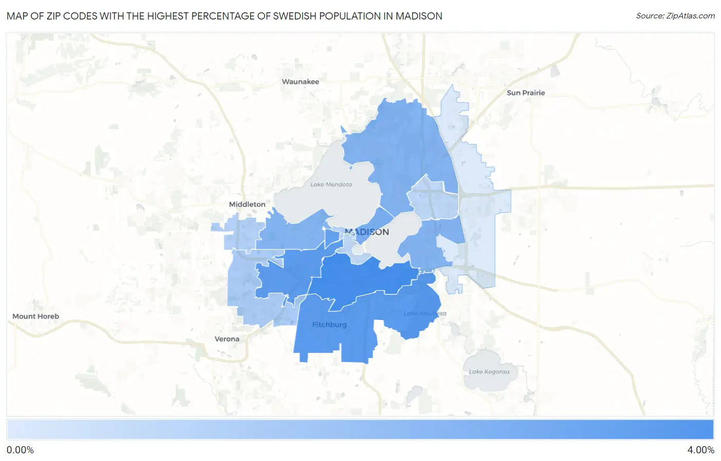 Zip Codes with the Highest Percentage of Swedish Population in Madison Map