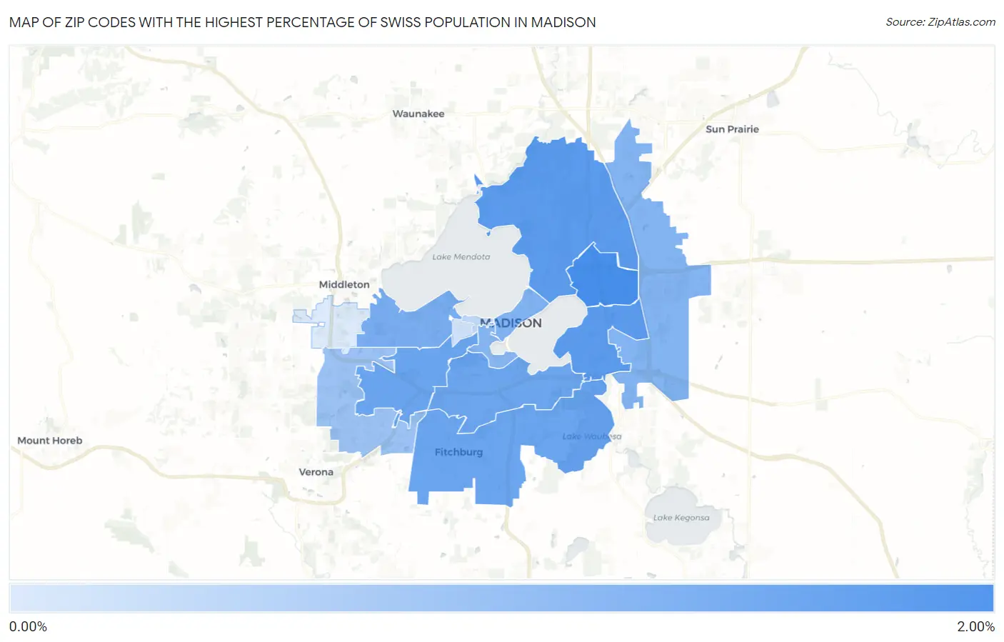 Zip Codes with the Highest Percentage of Swiss Population in Madison Map