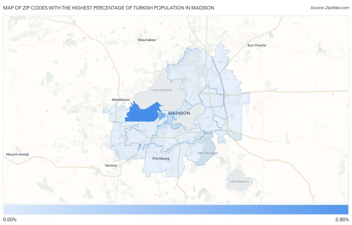 Zip Codes with the Highest Percentage of Turkish Population in Madison Map