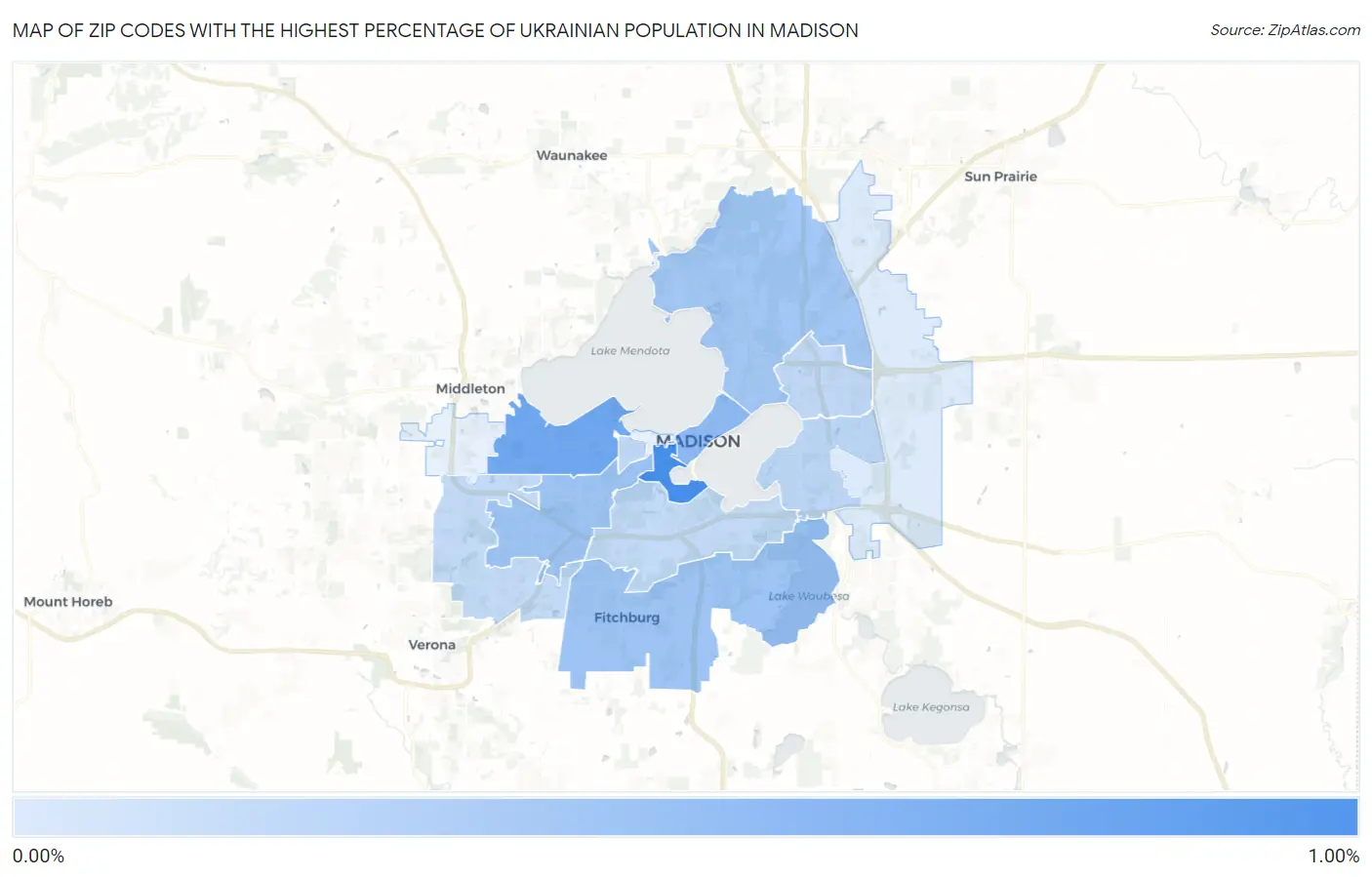 Zip Codes with the Highest Percentage of Ukrainian Population in Madison Map