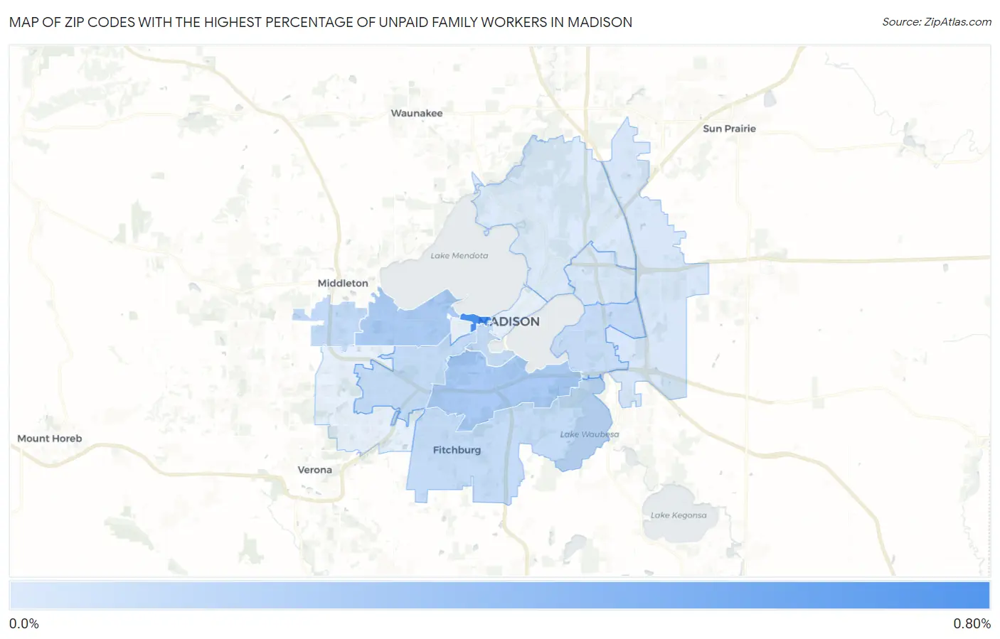 Zip Codes with the Highest Percentage of Unpaid Family Workers in Madison Map