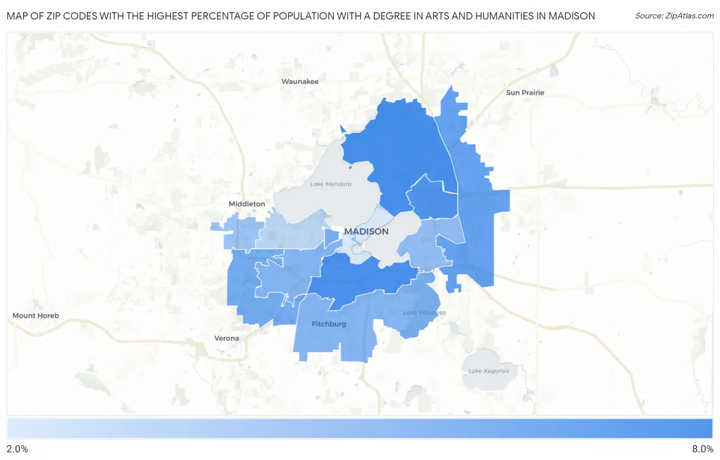 Zip Codes with the Highest Percentage of Population with a Degree in Arts and Humanities in Madison Map