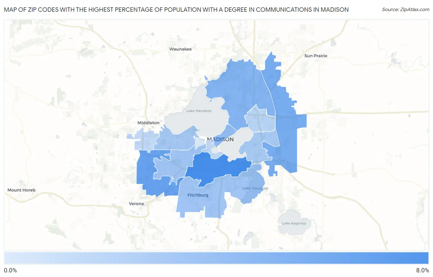 Zip Codes with the Highest Percentage of Population with a Degree in Communications in Madison Map