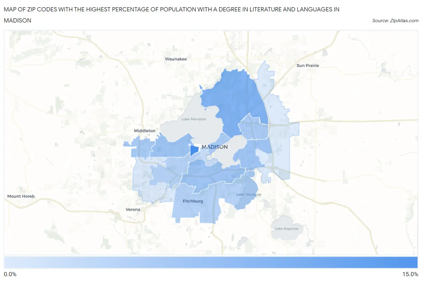 Zip Codes with the Highest Percentage of Population with a Degree in Literature and Languages in Madison Map