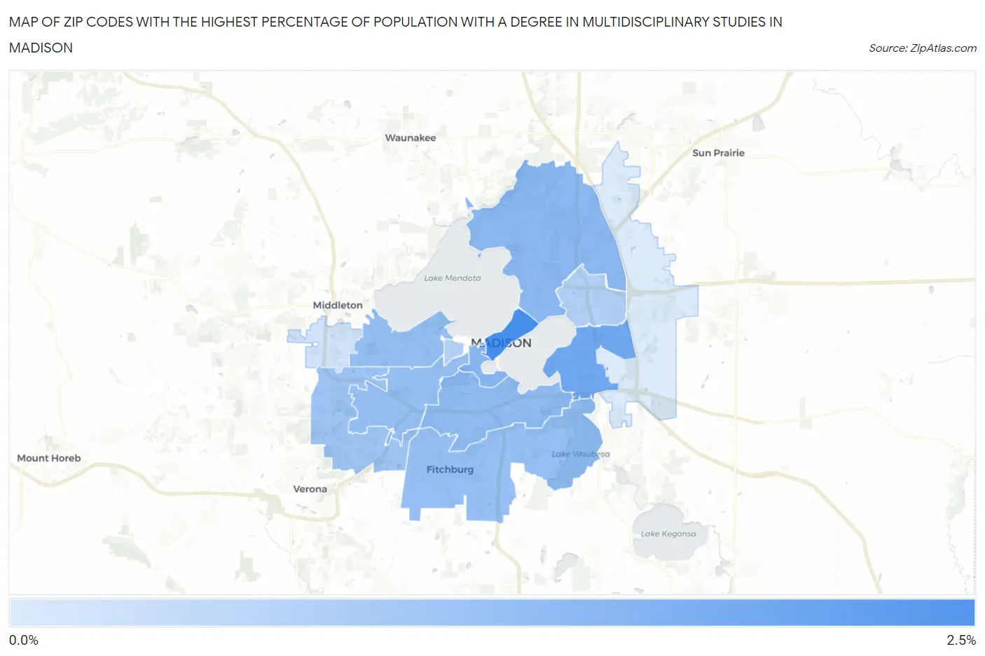 Zip Codes with the Highest Percentage of Population with a Degree in Multidisciplinary Studies in Madison Map