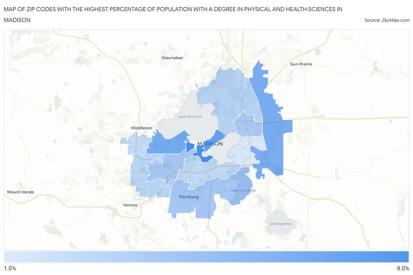 Zip Codes with the Highest Percentage of Population with a Degree in Physical and Health Sciences in Madison Map