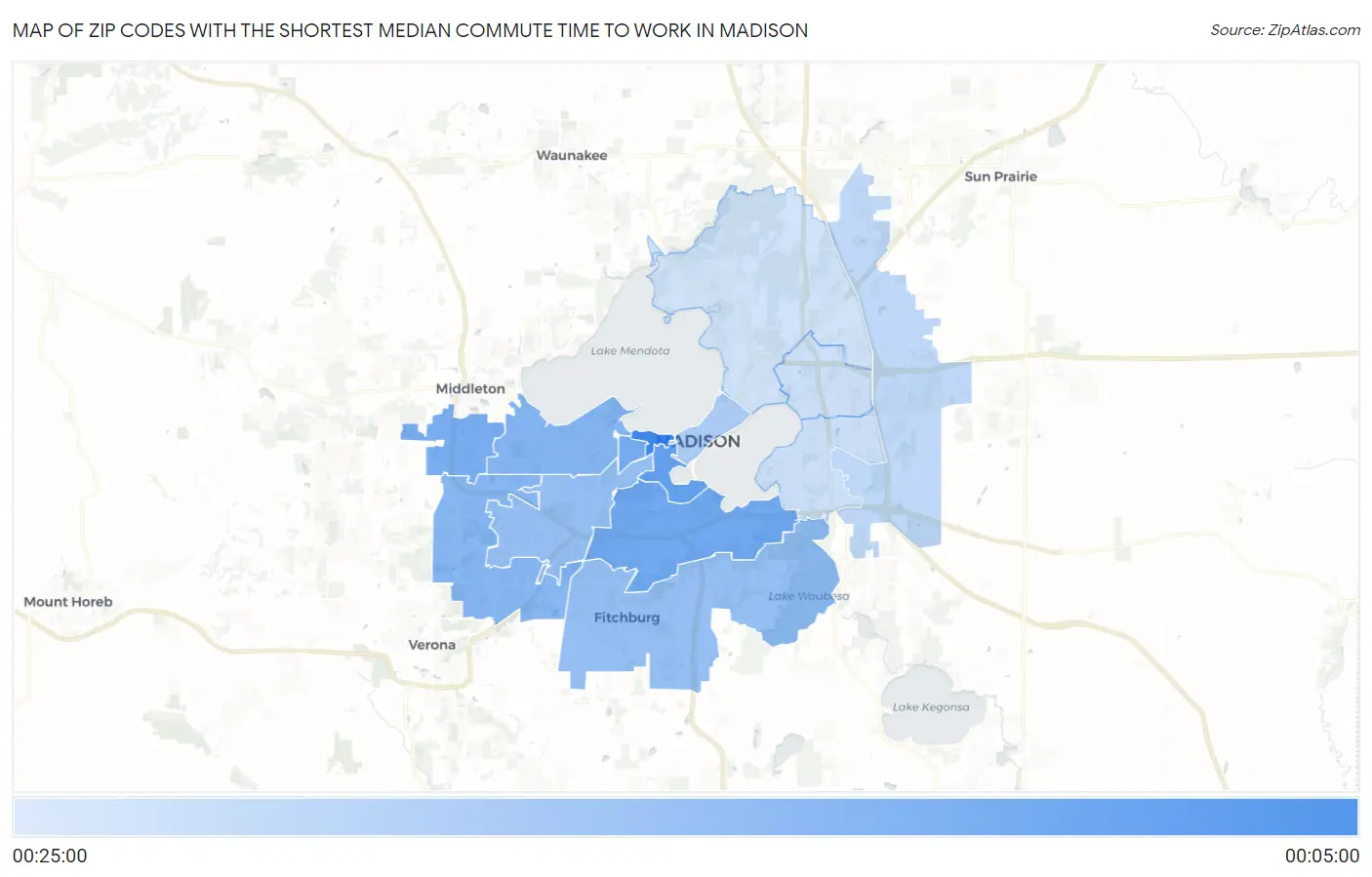 Zip Codes with the Shortest Median Commute Time to Work in Madison Map