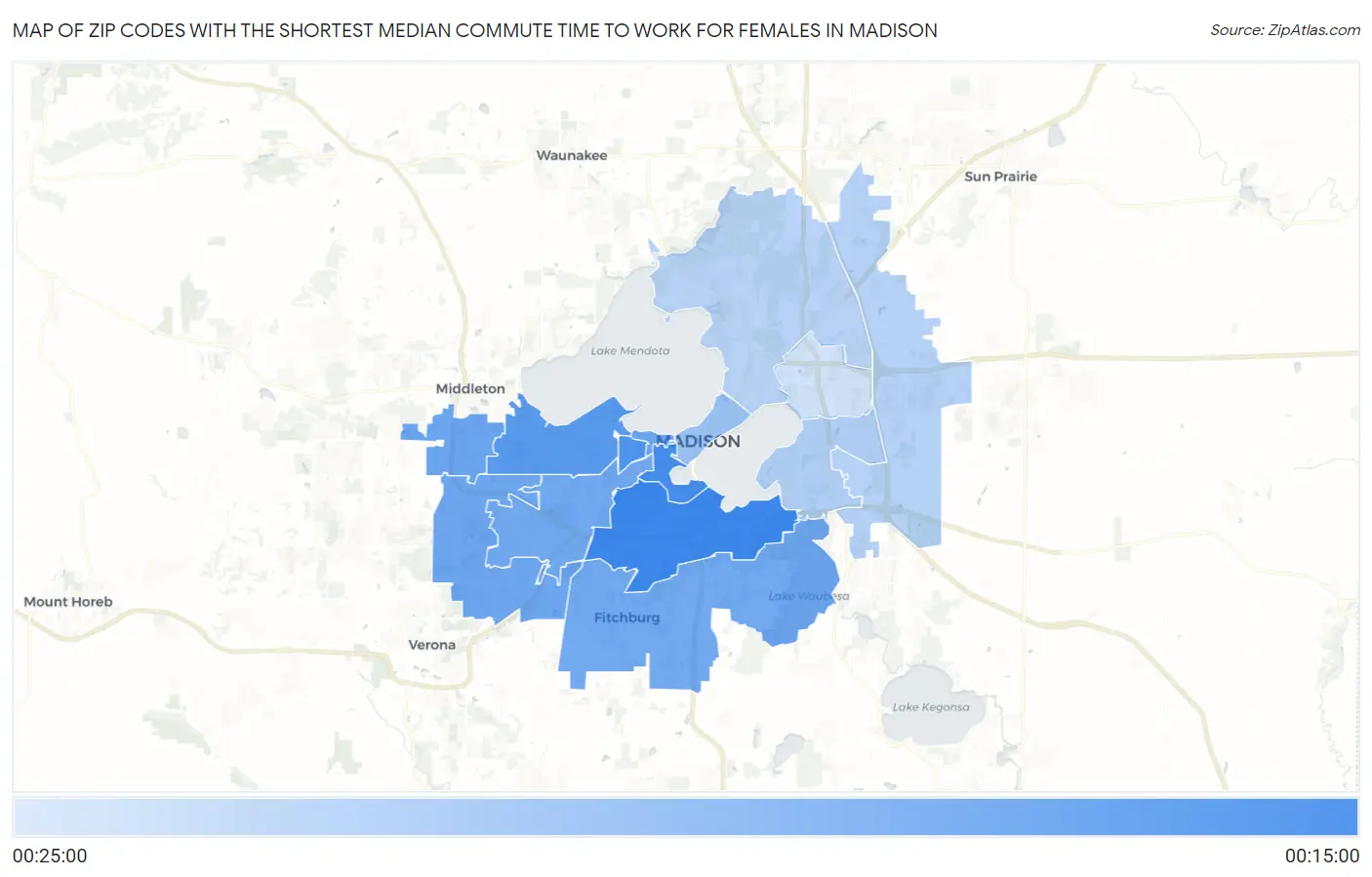Zip Codes with the Shortest Median Commute Time to Work for Females in Madison Map