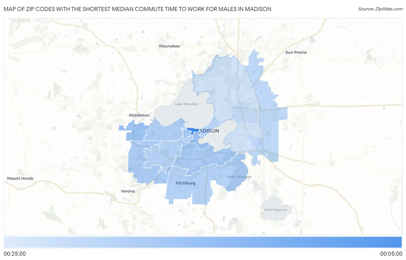 Zip Codes with the Shortest Median Commute Time to Work for Males in Madison Map