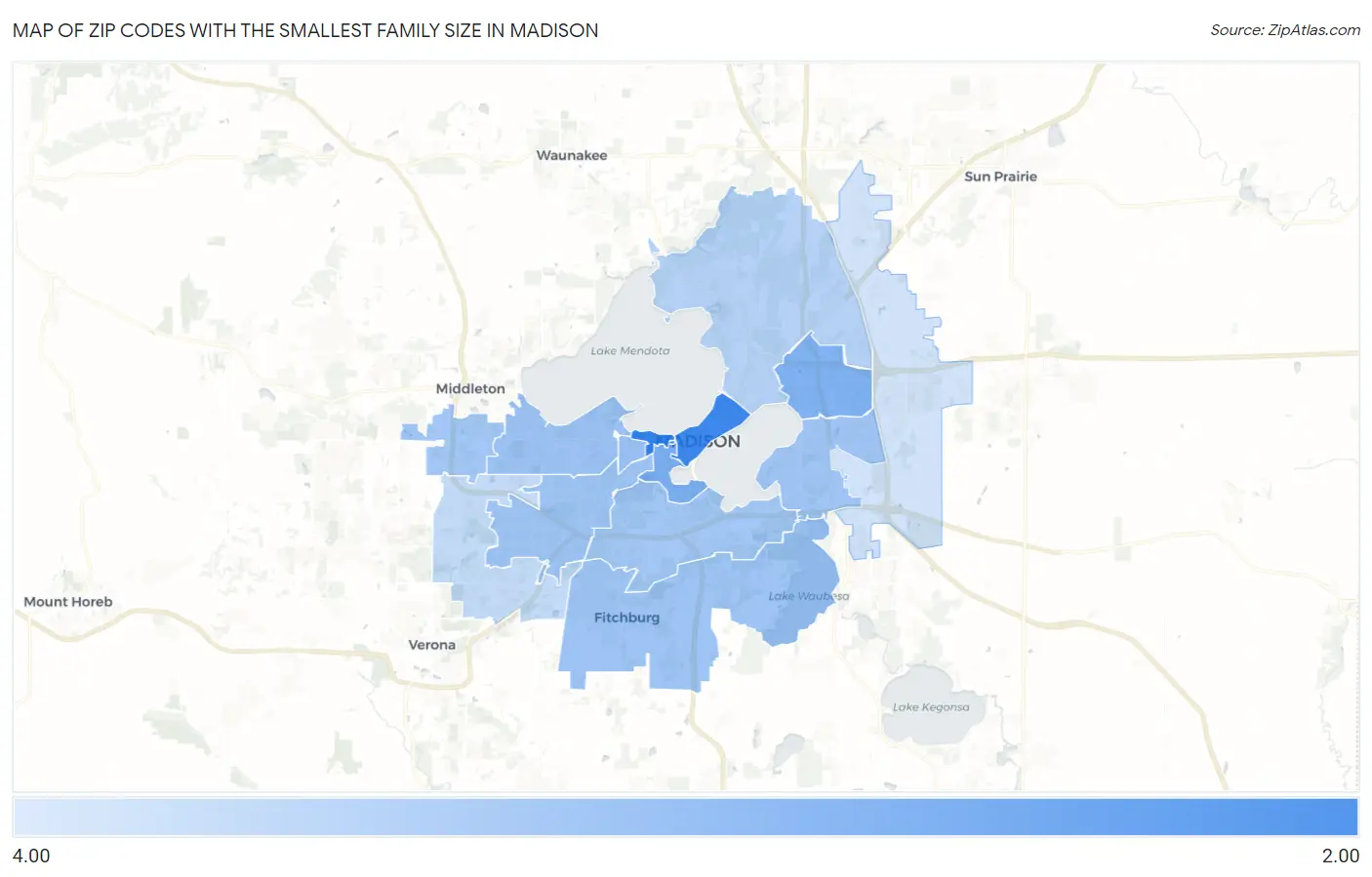 Zip Codes with the Smallest Family Size in Madison Map
