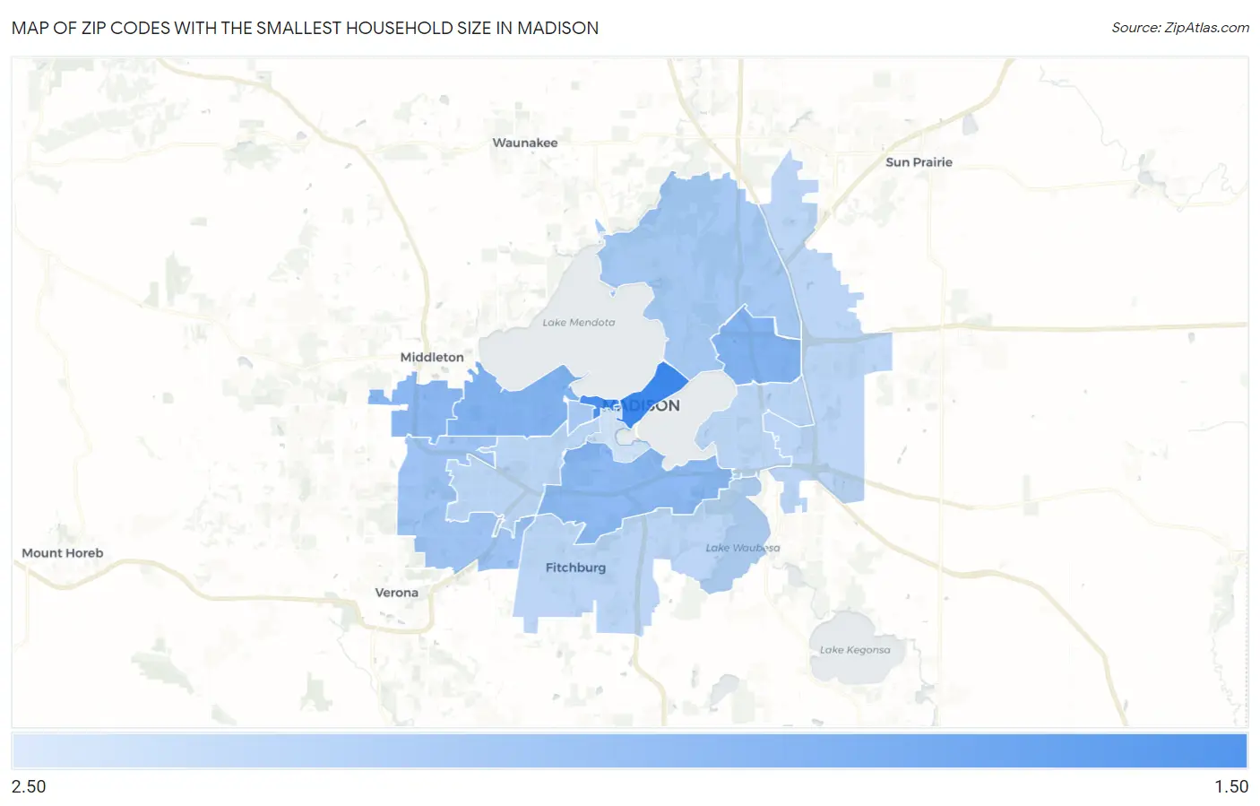 Zip Codes with the Smallest Household Size in Madison Map