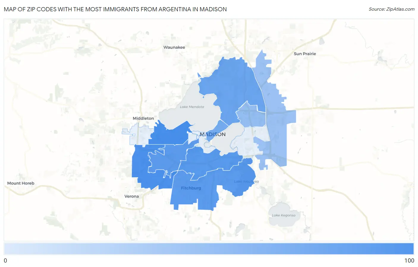 Zip Codes with the Most Immigrants from Argentina in Madison Map