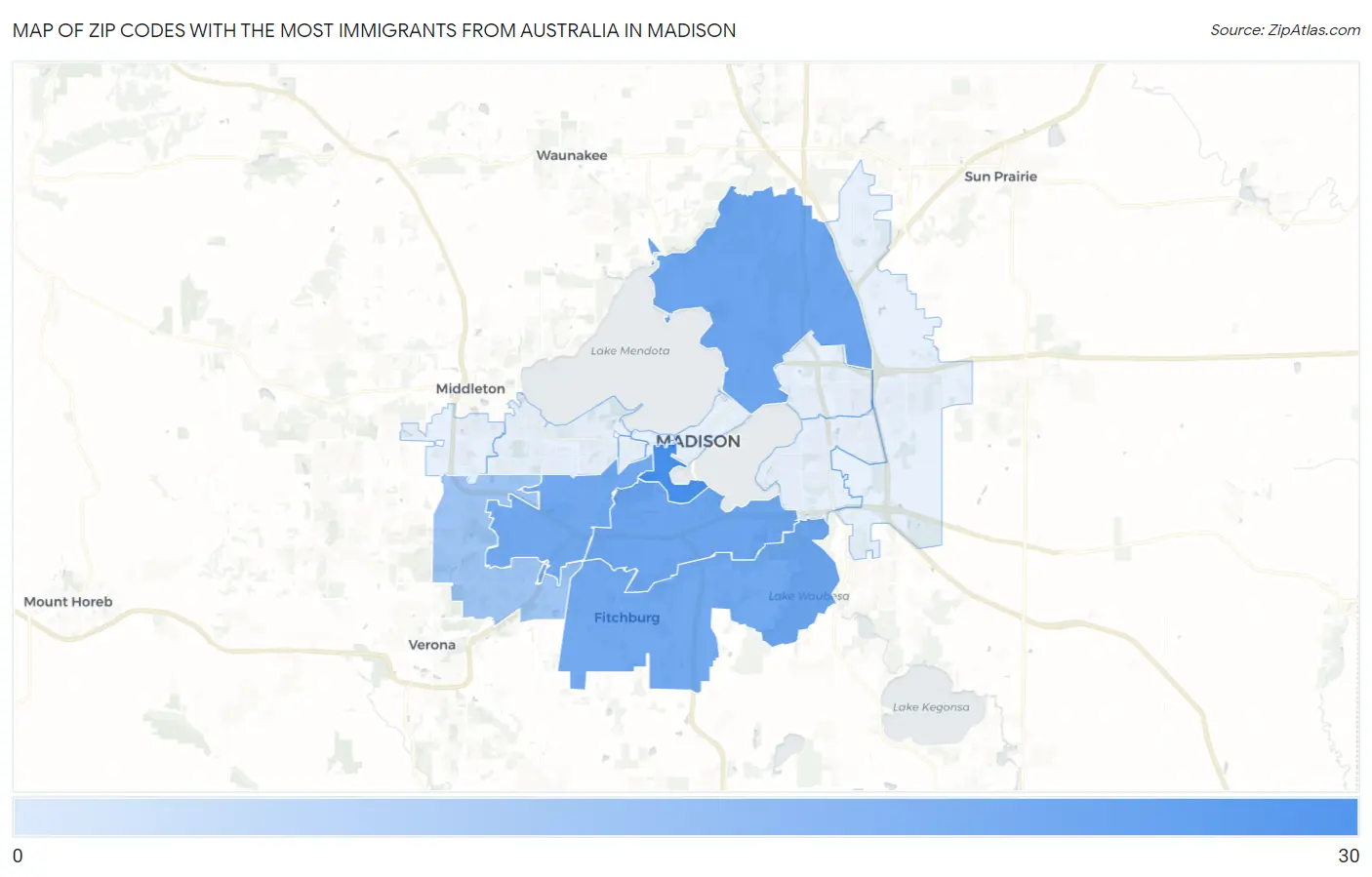 Zip Codes with the Most Immigrants from Australia in Madison Map