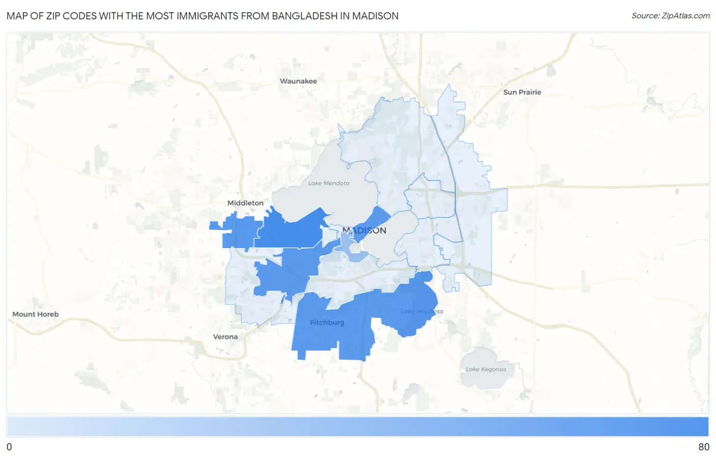 Zip Codes with the Most Immigrants from Bangladesh in Madison Map