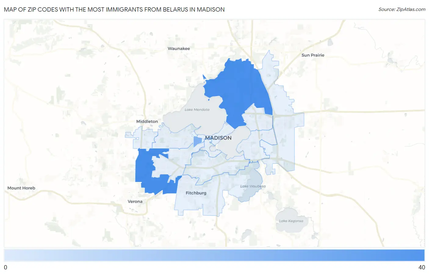 Zip Codes with the Most Immigrants from Belarus in Madison Map