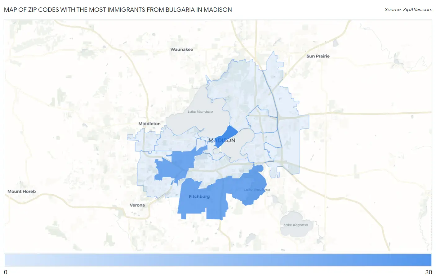 Zip Codes with the Most Immigrants from Bulgaria in Madison Map