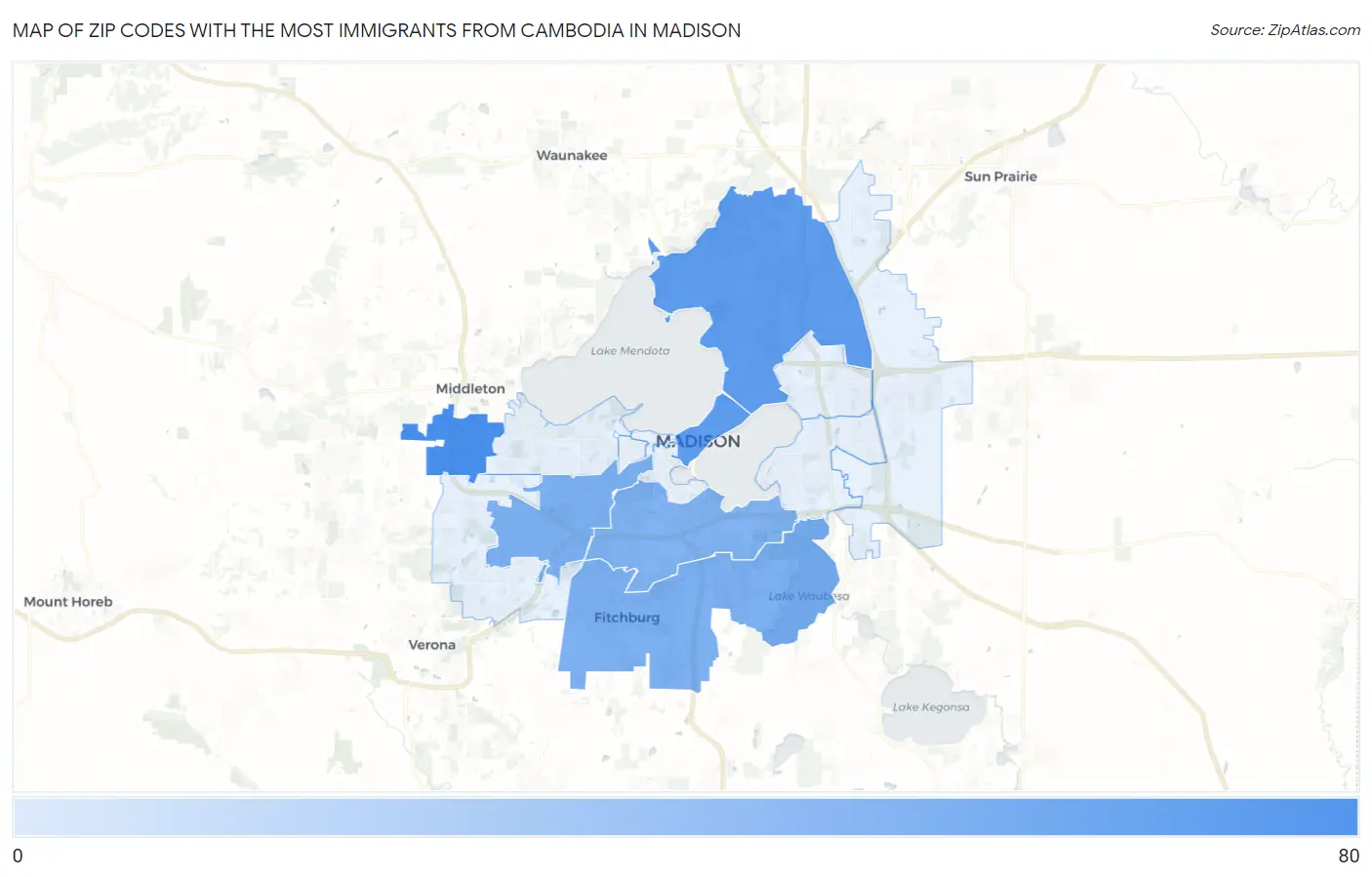 Zip Codes with the Most Immigrants from Cambodia in Madison Map