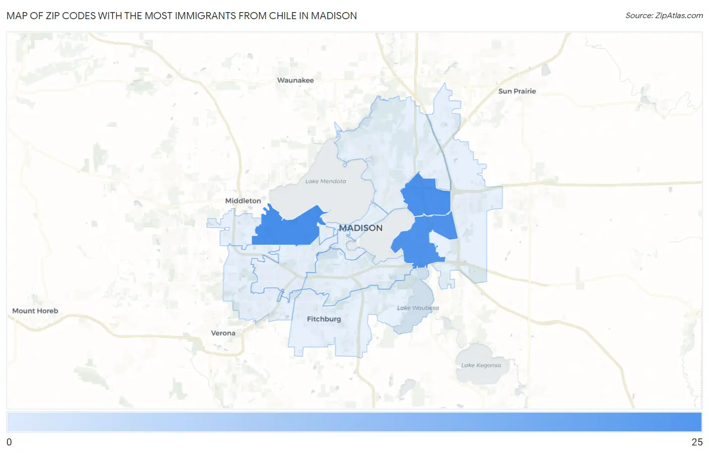 Zip Codes with the Most Immigrants from Chile in Madison Map
