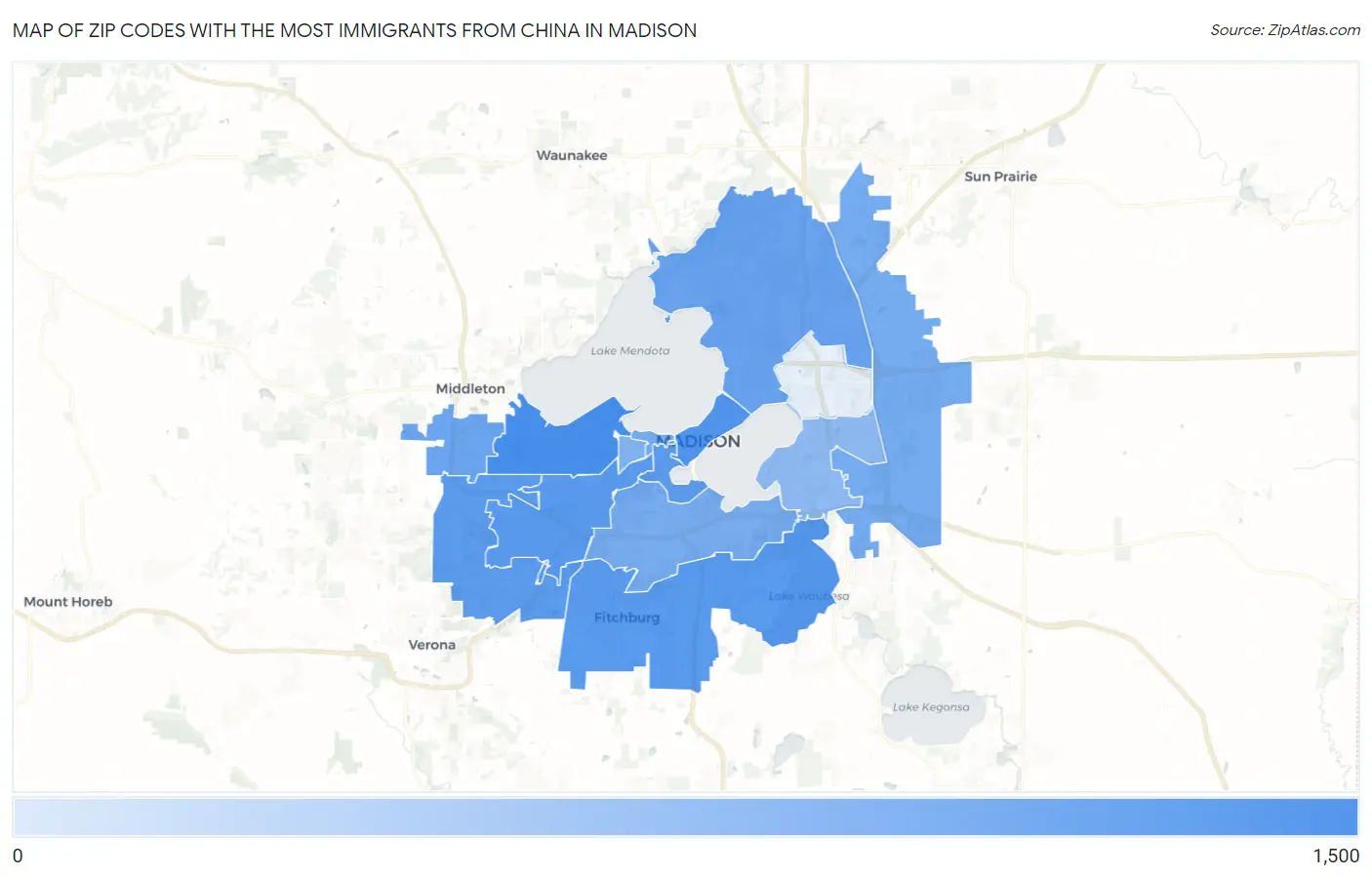 Zip Codes with the Most Immigrants from China in Madison Map