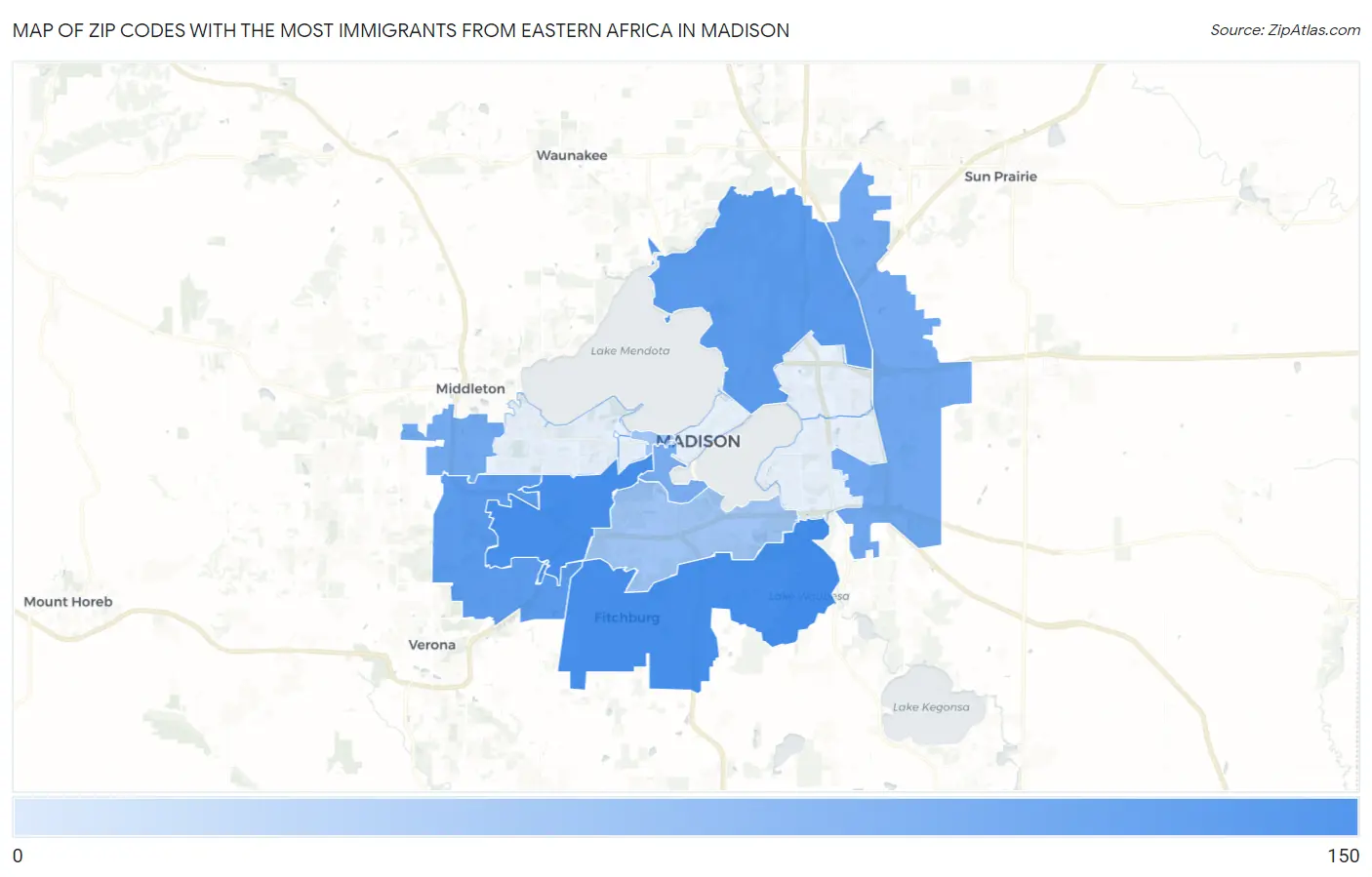 Zip Codes with the Most Immigrants from Eastern Africa in Madison Map