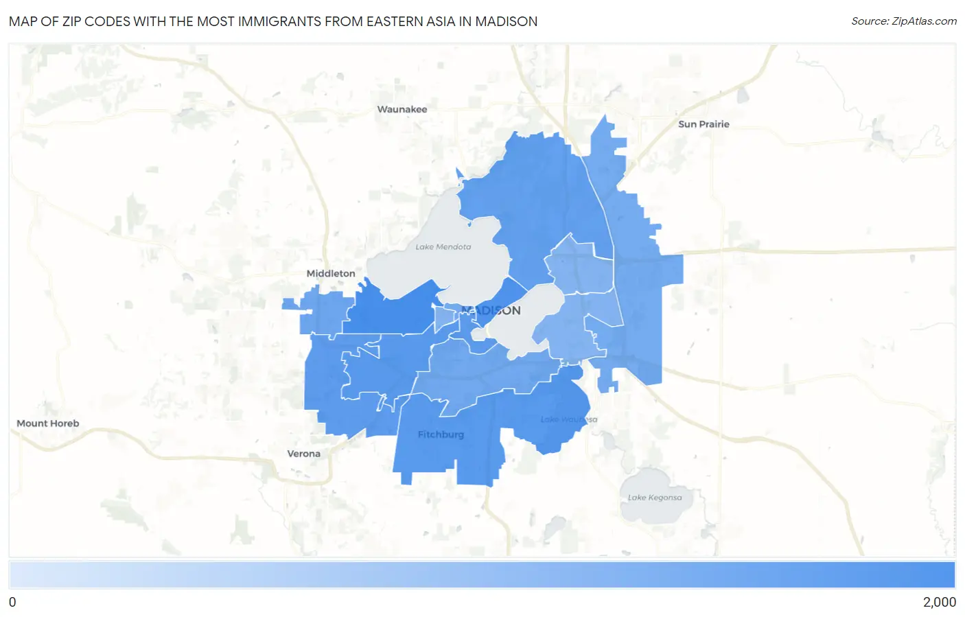 Zip Codes with the Most Immigrants from Eastern Asia in Madison Map