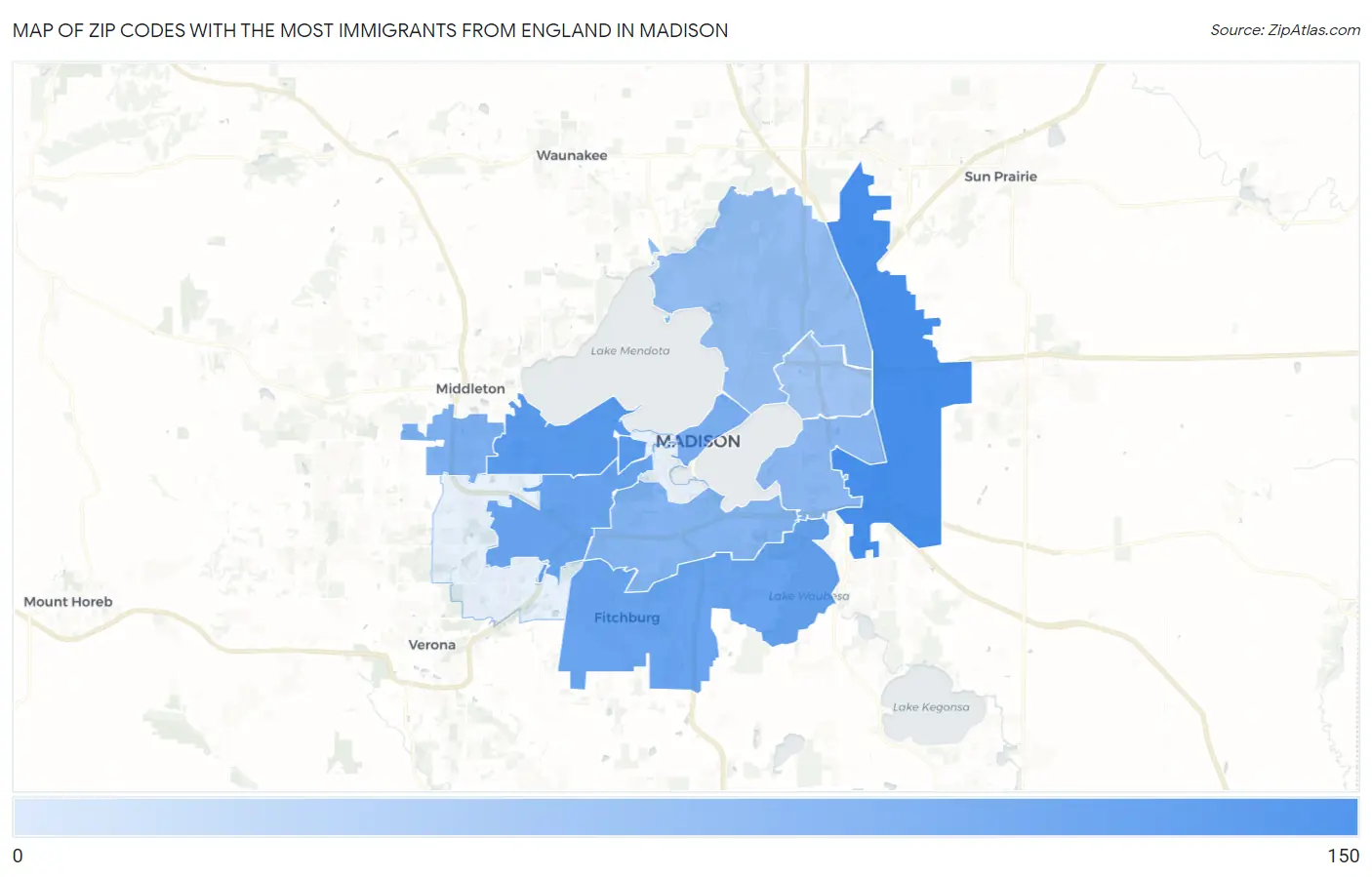 Zip Codes with the Most Immigrants from England in Madison Map