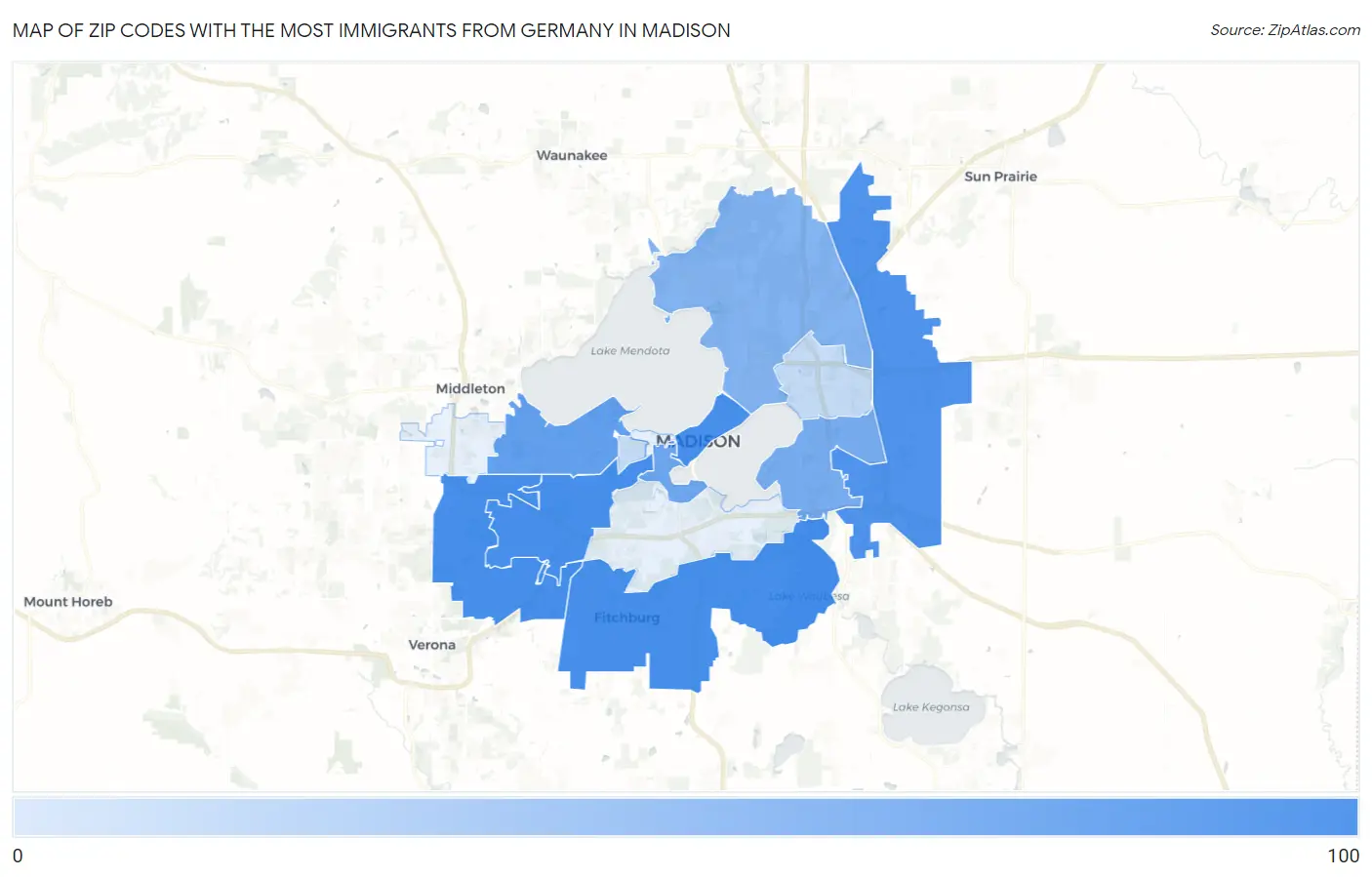 Zip Codes with the Most Immigrants from Germany in Madison Map