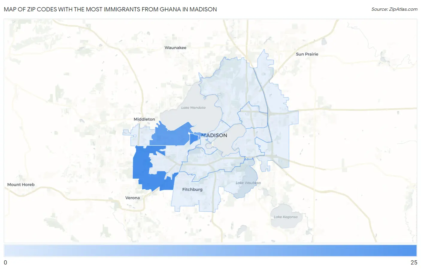 Zip Codes with the Most Immigrants from Ghana in Madison Map