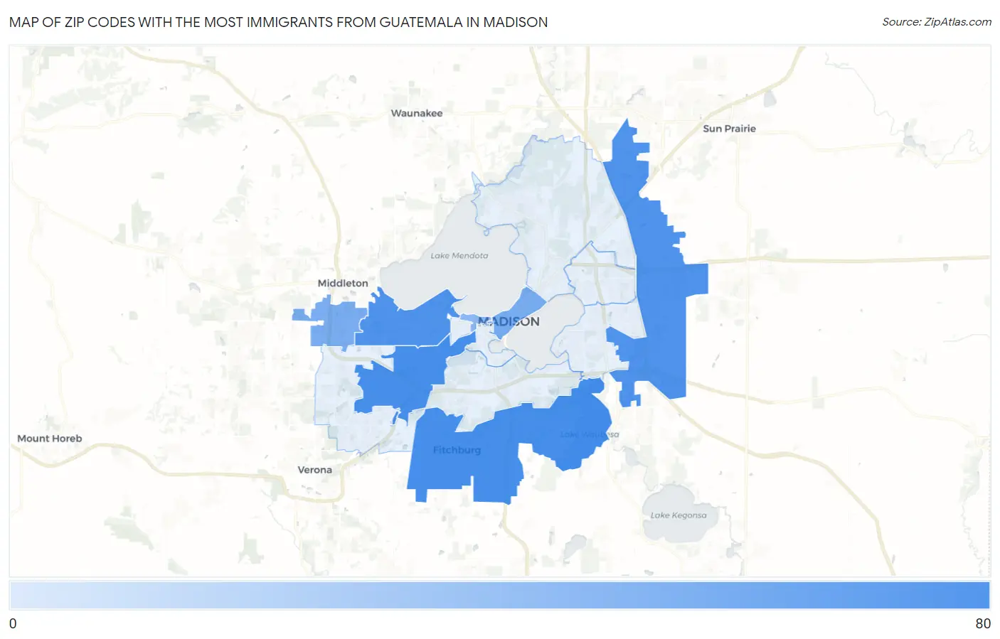 Zip Codes with the Most Immigrants from Guatemala in Madison Map