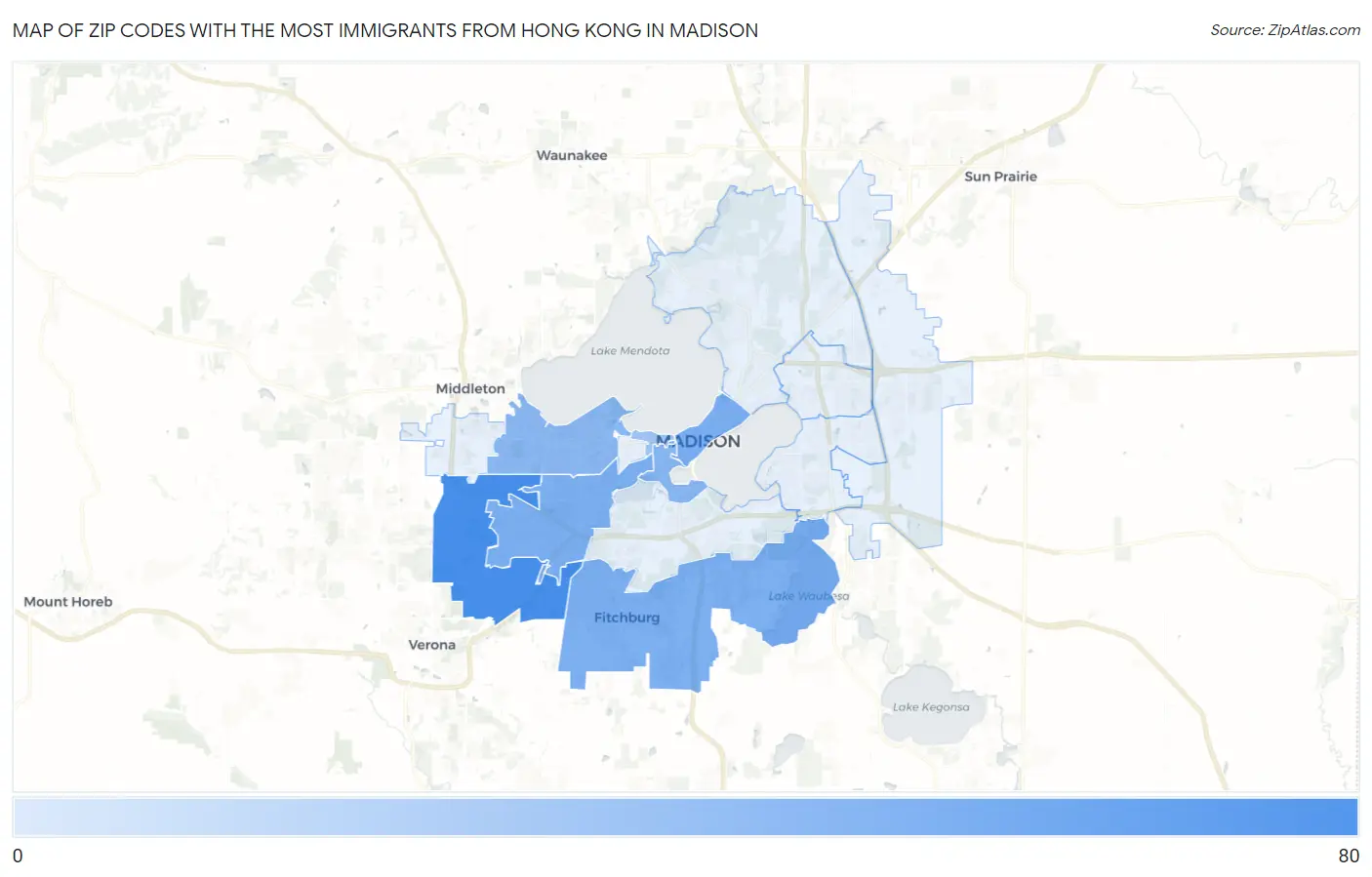 Zip Codes with the Most Immigrants from Hong Kong in Madison Map