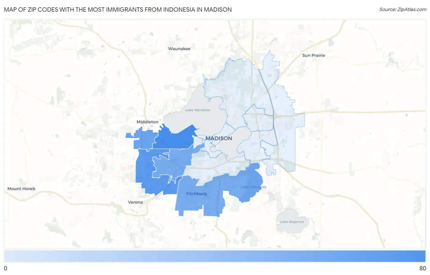 Zip Codes with the Most Immigrants from Indonesia in Madison Map