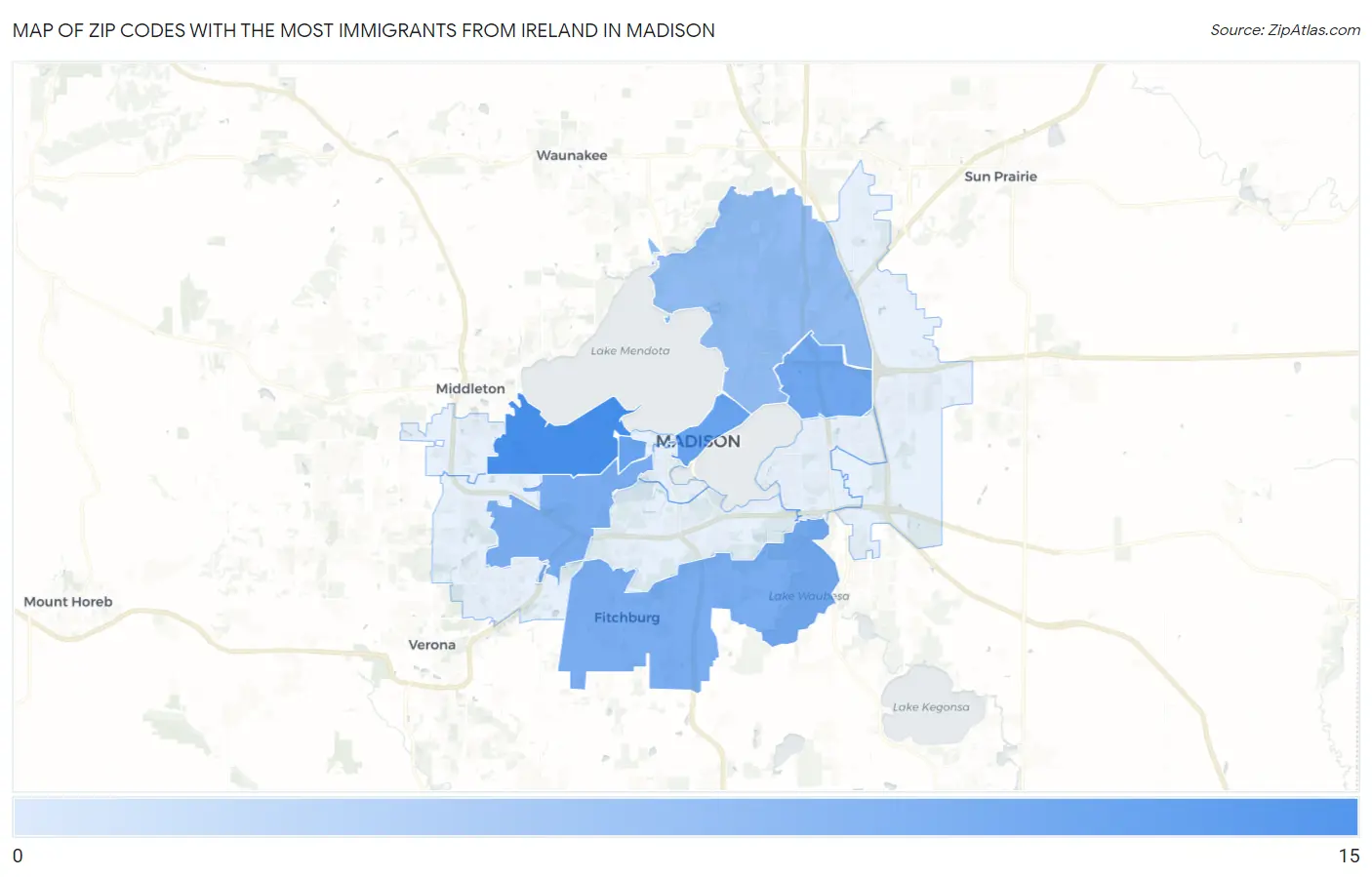 Zip Codes with the Most Immigrants from Ireland in Madison Map