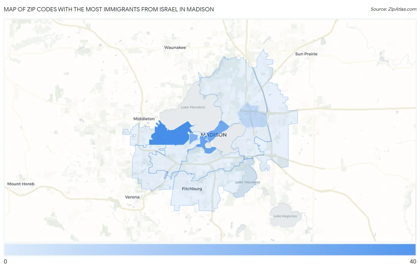 Zip Codes with the Most Immigrants from Israel in Madison Map