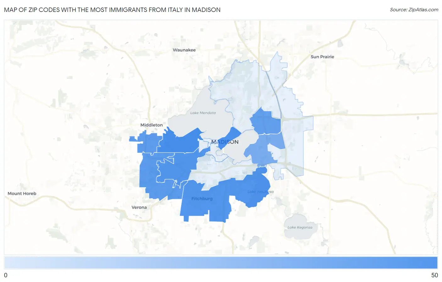 Zip Codes with the Most Immigrants from Italy in Madison Map