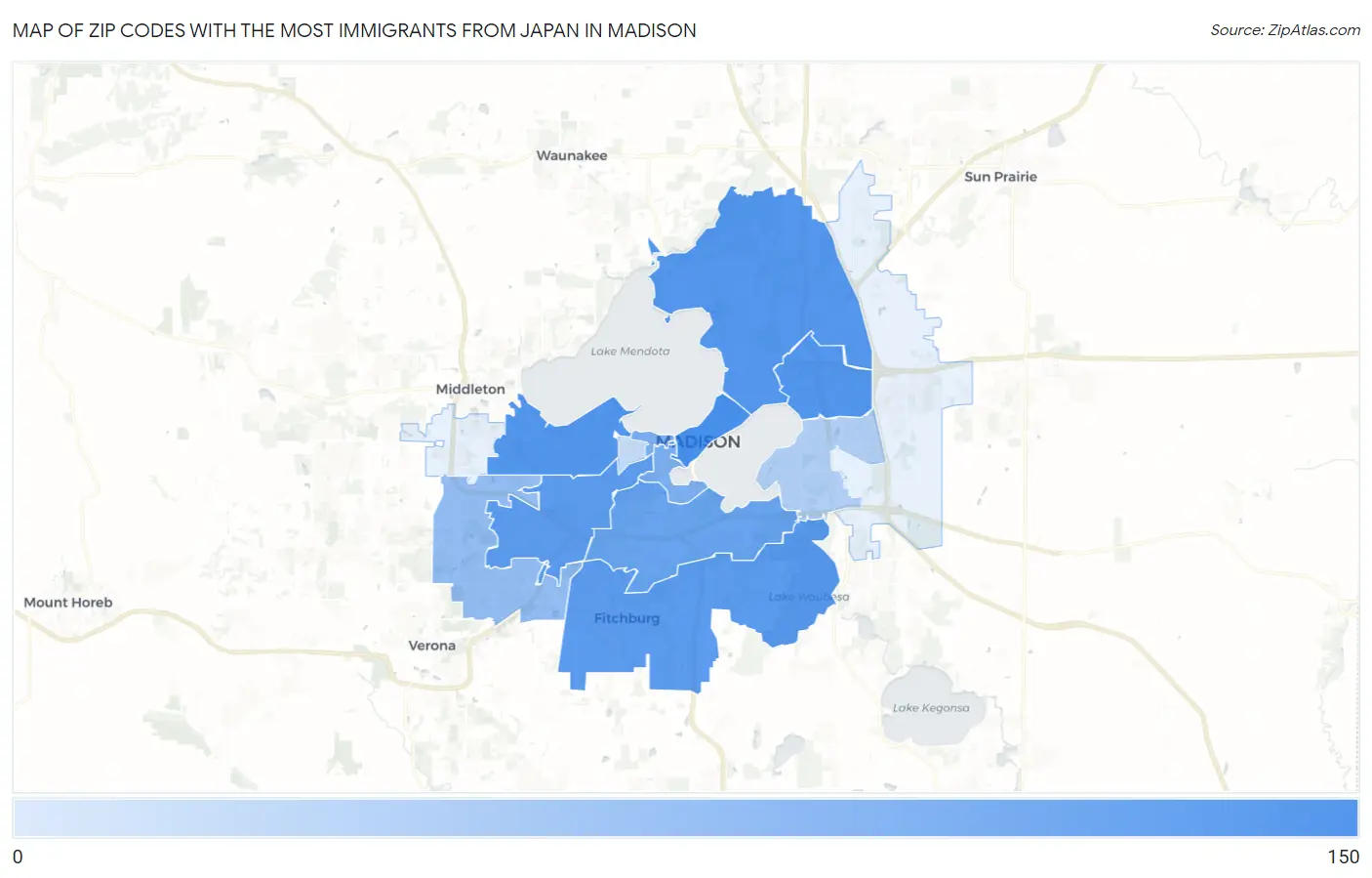 Zip Codes with the Most Immigrants from Japan in Madison Map