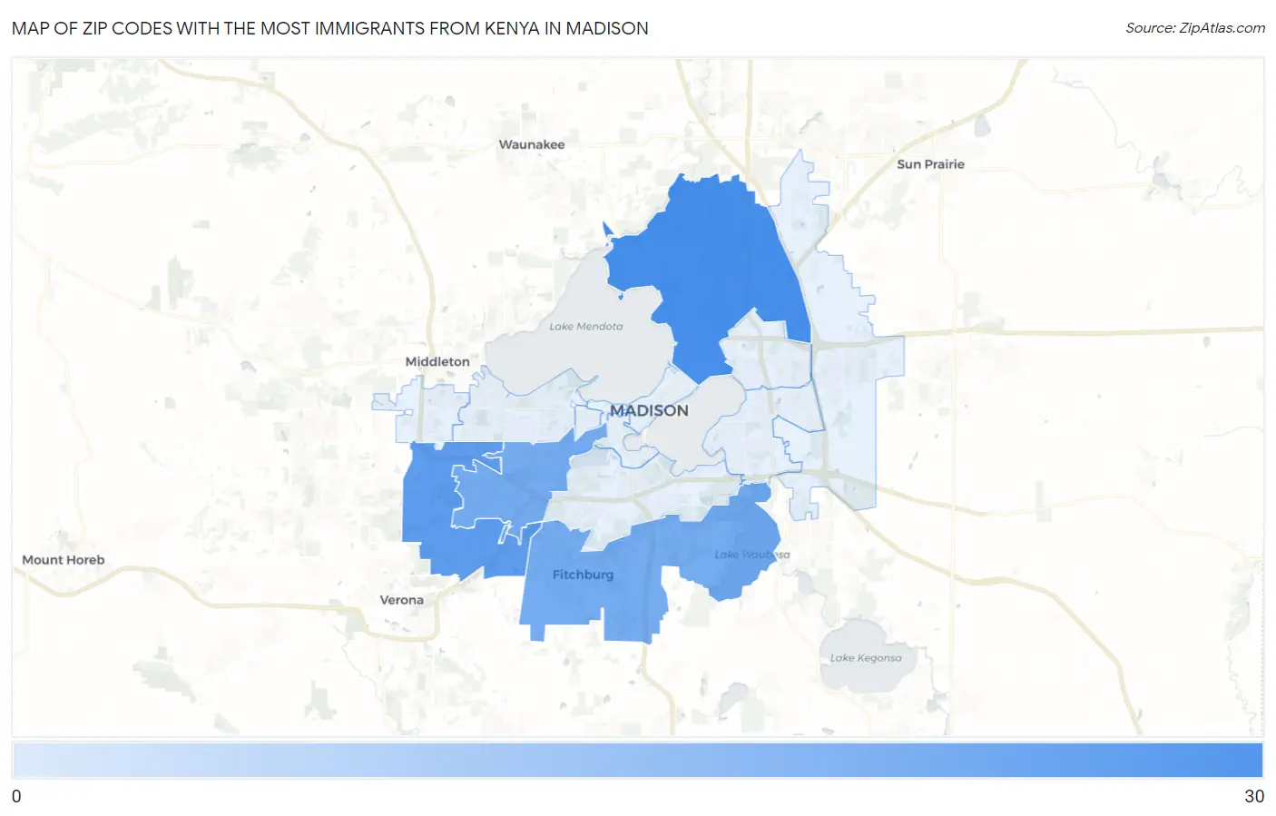 Zip Codes with the Most Immigrants from Kenya in Madison Map